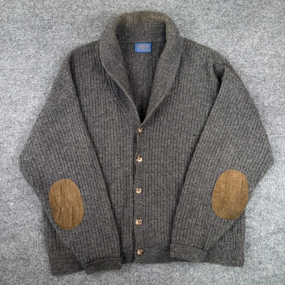 Vintage Pendleton Cardigan Sweater Mens XL Gray Thermal Knit Wool Shawl USA Made